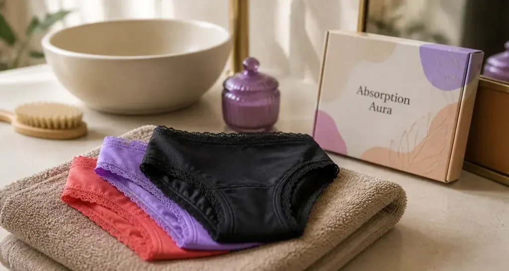 Herloop culotte menstruelle sur linge beige, gros plan en salle de bain