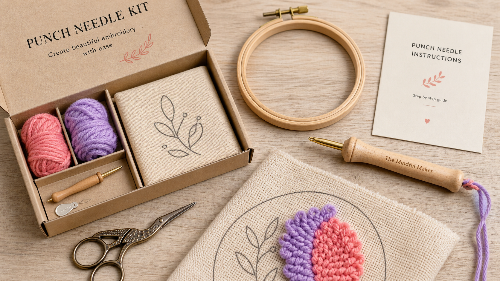 Kits punch needle : kit ouvert, tambour, aiguille et toile pré-imprimée