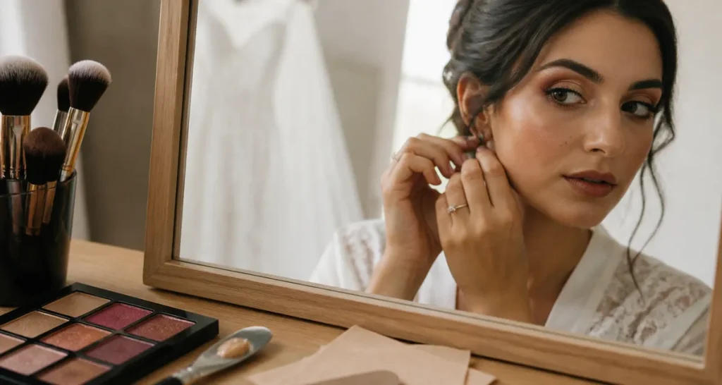 Maquillage pour mariée brune : pinceaux et palette cuivrée prune