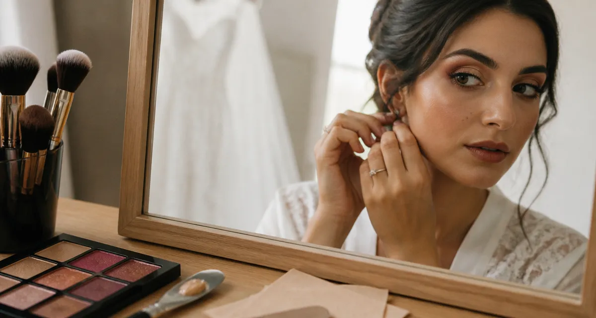 Maquillage pour mariée brune : pinceaux et palette cuivrée prune