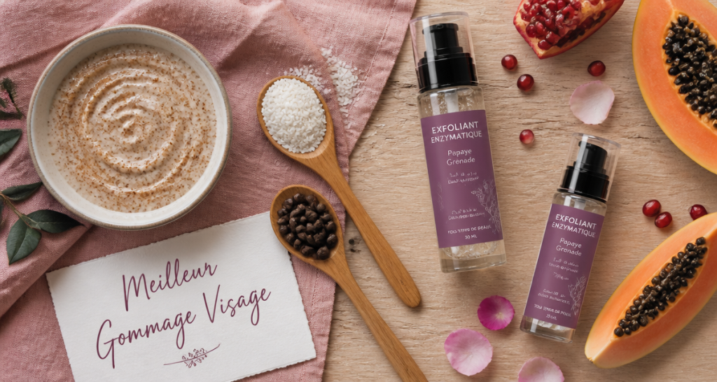 Meilleur gommage visage avec exfoliants naturels et enzymatiques sur table