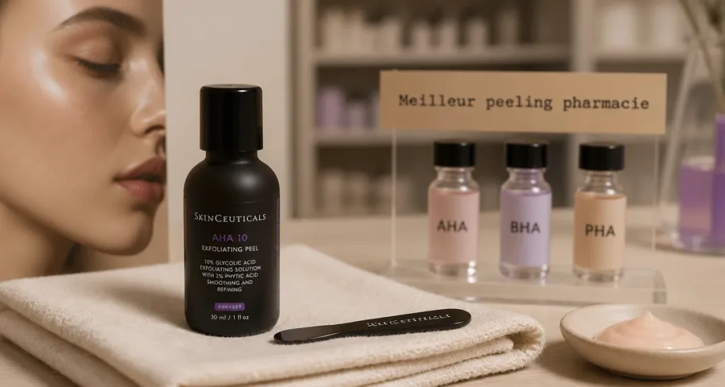 Meilleur peeling visage pharmacie : flacon AHA BHA PHA et spatule