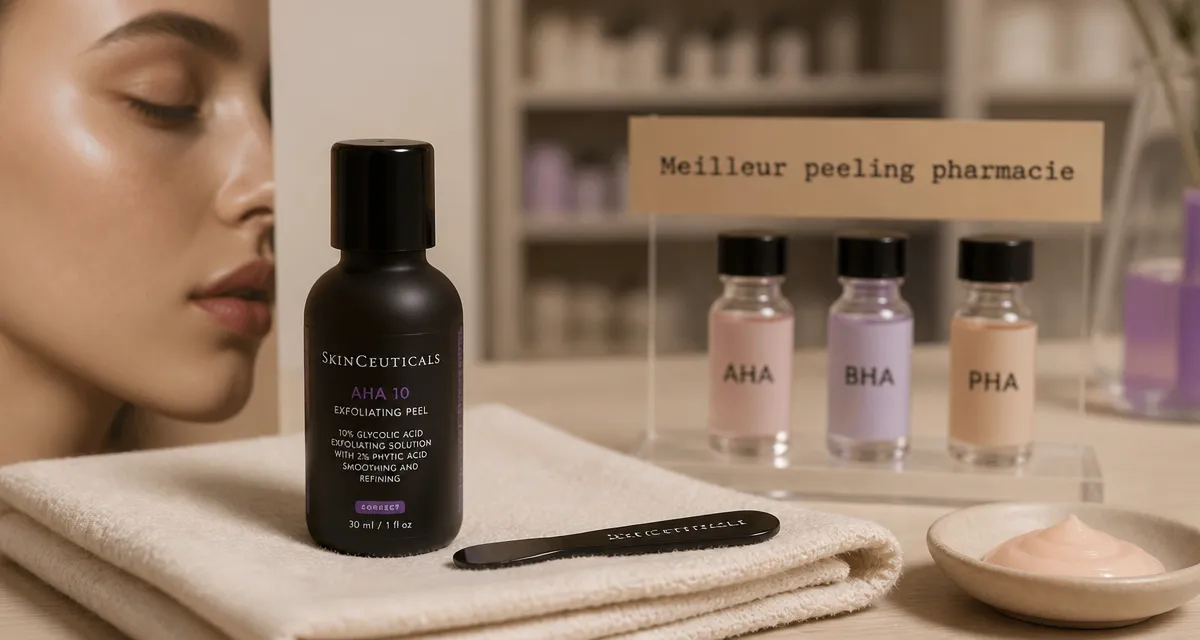 Meilleur peeling visage pharmacie : flacon AHA BHA PHA et spatule