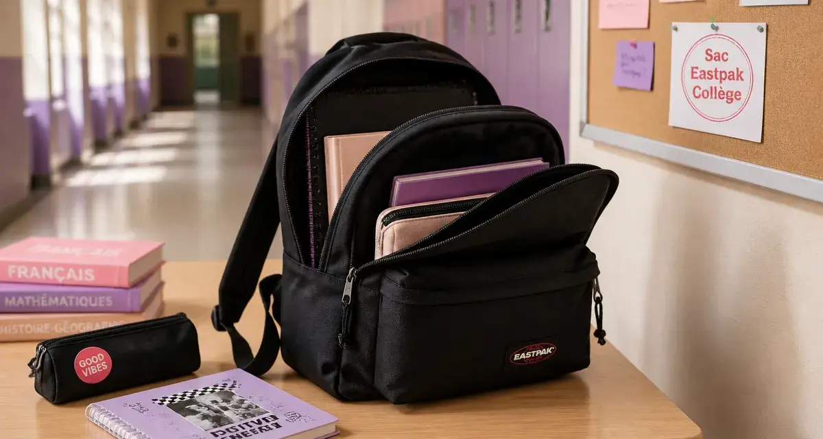 Sac eastpak pour le collège sur table, compartiments ouverts
