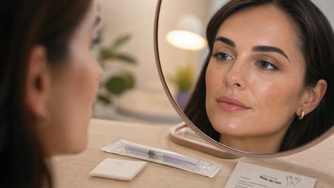 Botox ride du lion, regard détendu, séringe stérile et fiche médicale