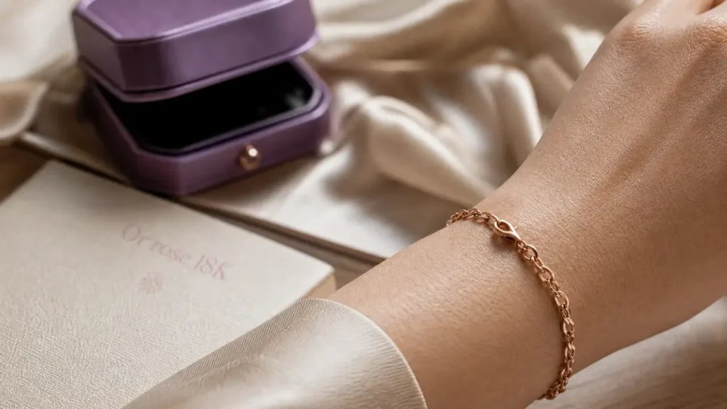 Bracelet rose or 18K, fermoir et maillons, gros plan