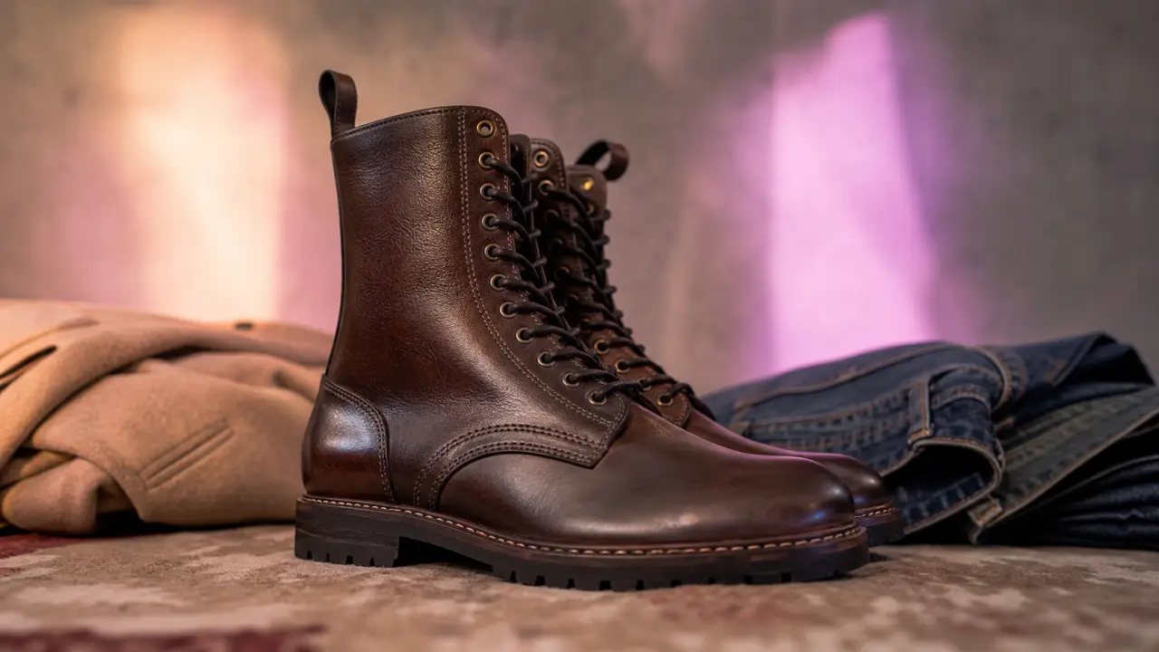 Combat boots homme en cuir lisse patin commando marron foncé