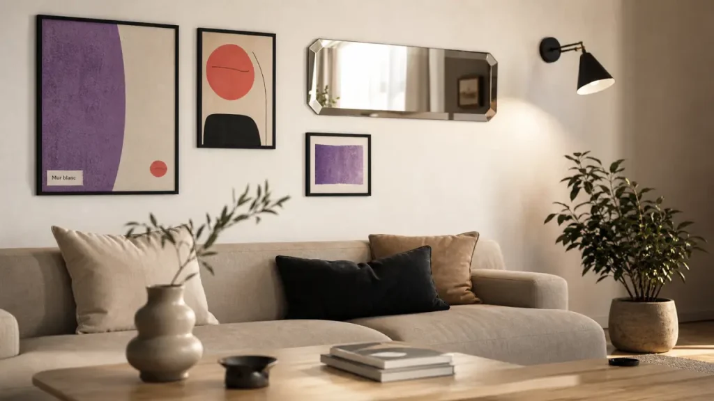 Décorer mur blanc : cadres noirs et miroir dans un salon lumineux