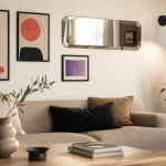 Décorer mur blanc : cadres noirs et miroir dans un salon lumineux