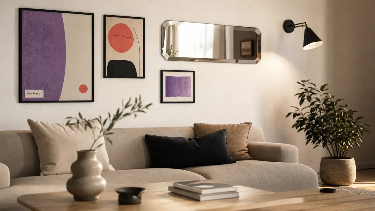 Décorer mur blanc : cadres noirs et miroir dans un salon lumineux