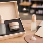 Trousse dermocosmetique et textures de soin sur comptoir