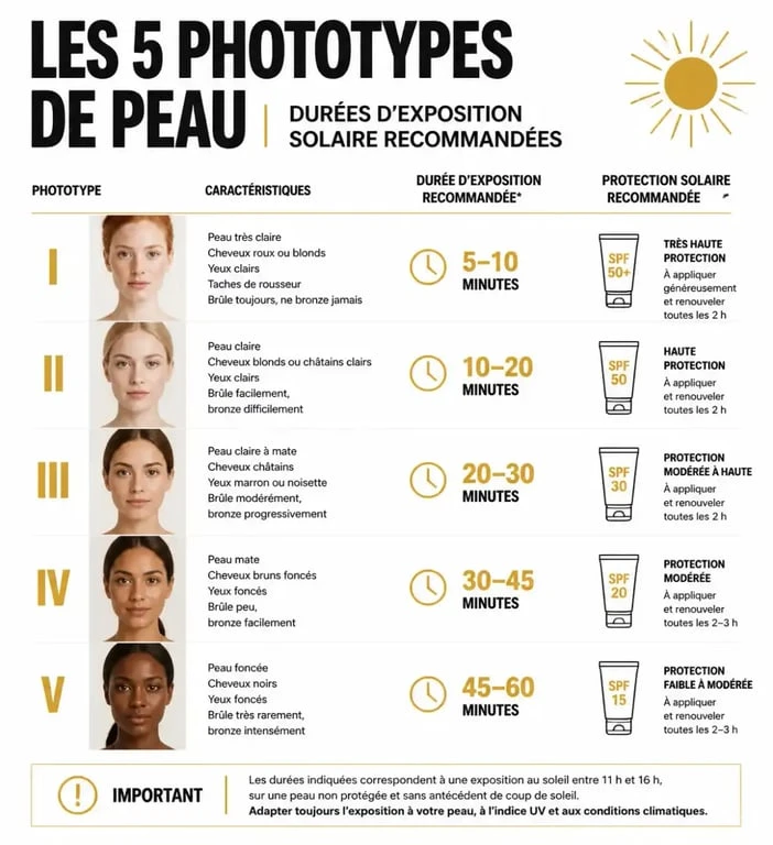 Infographie sur le temps pour bronzer selon le phototype de peau et les recommandations de sécurité