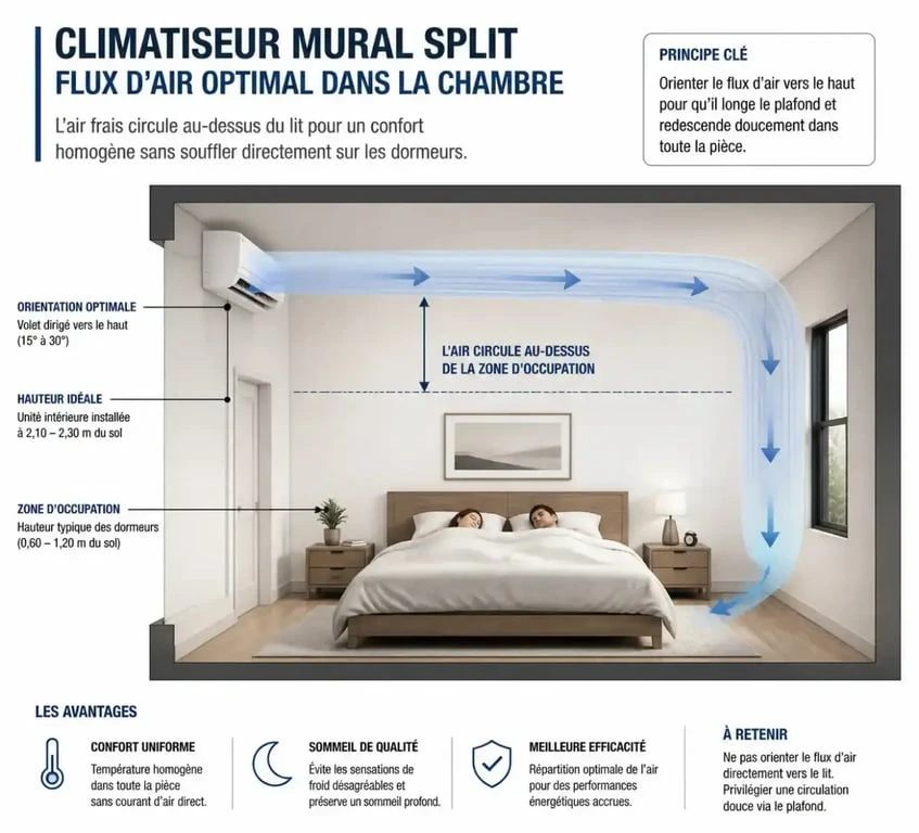Schéma d'emplacement idéal pour une climatisation de chambre afin d'éviter les courants d'air sur le lit