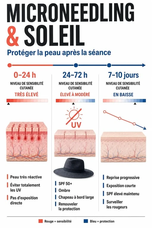 Microneedling soleil : schéma visuel de la photoprotection et des délais d’éviction après séance