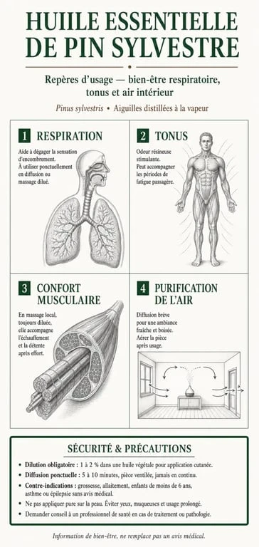 Infographie sur le pin sylvestre huile essentielle bienfaits, usages et précautions