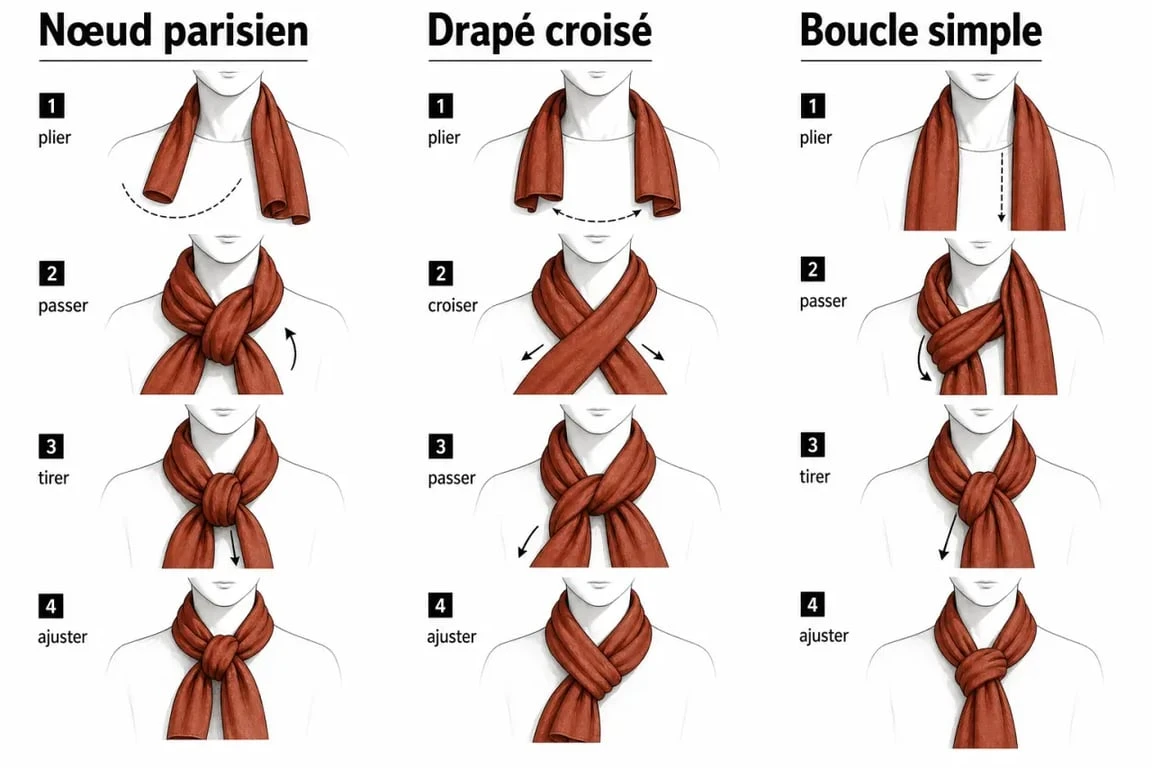 Étapes pour nouer un foulard autour du cou : nœud simple, boucle décontractée et style parisien.