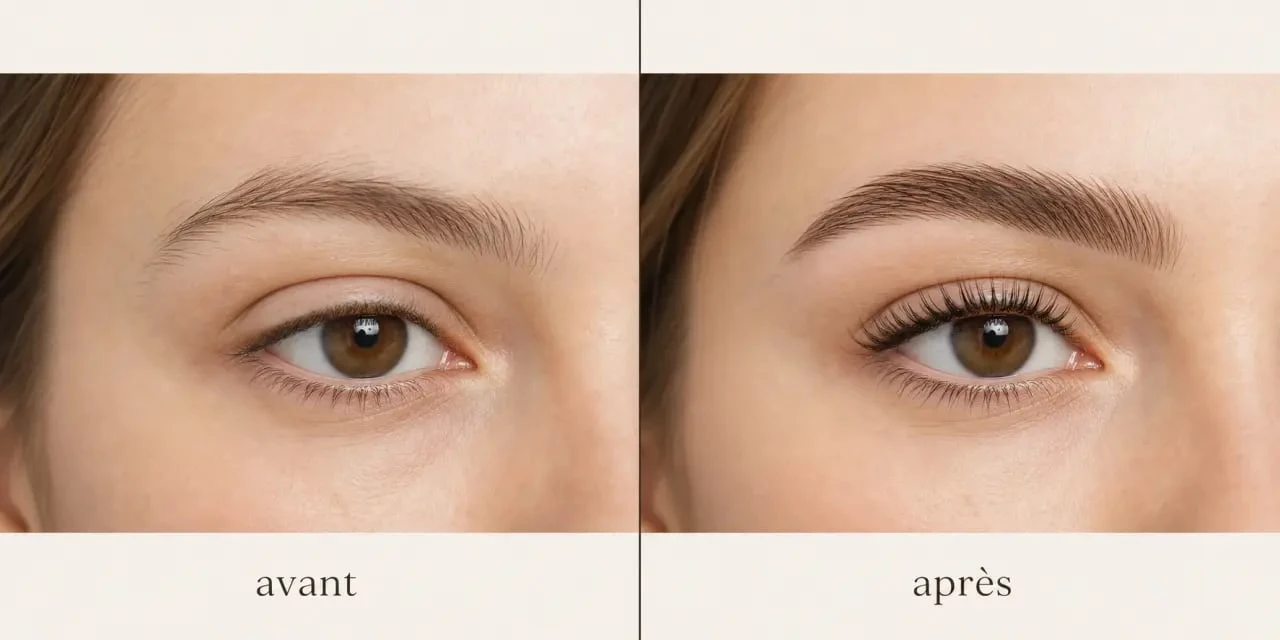 Regard naturel avant et après rehaussement de cils et restructuration des sourcils