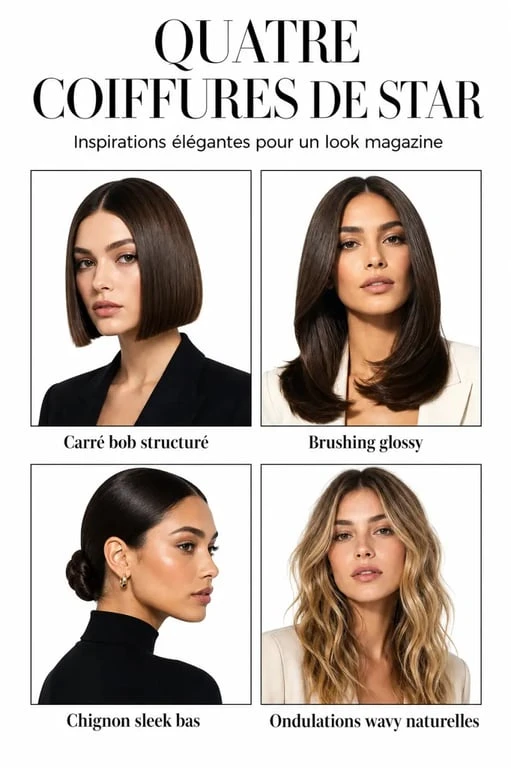 Coiffure de star : quatre looks inspirants avec bob structuré, brushing glossy, chignon sleek et ondulations wavy