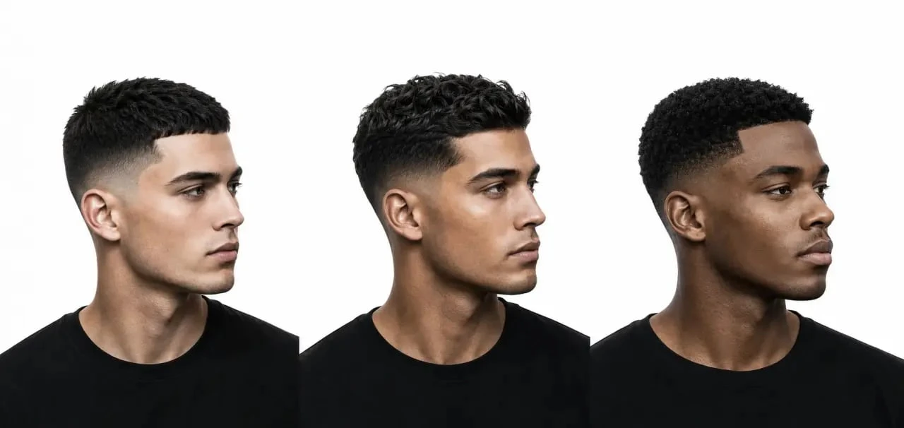 Crew cut revisité sur trois profils masculins avec dessus texturisé et dégradé progressif