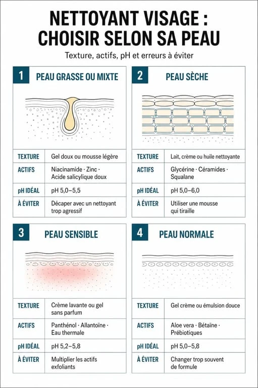 Meilleur nettoyant visage : infographie comparative selon le type de peau, avec textures et actifs recommandés