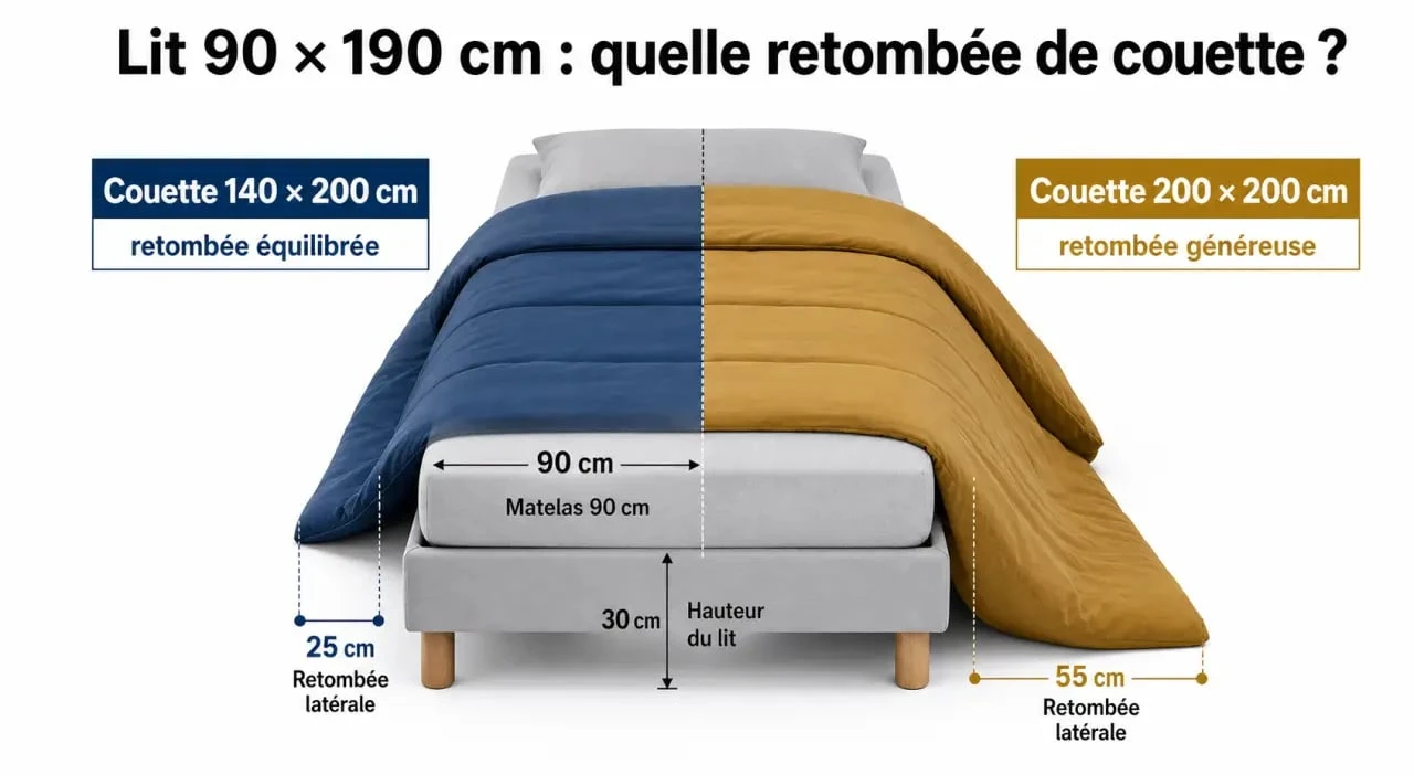 Taille de couette pour lit 90x190 : comparaison visuelle entre 140x200 cm et 200x200 cm