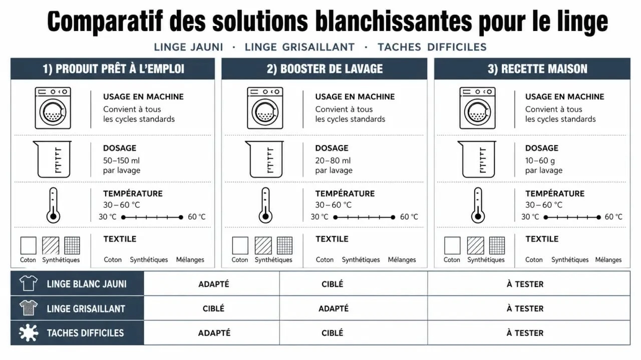 Produit blanchissant pour linge : comparatif visuel des solutions pour linge jauni, grisaillant ou taché
