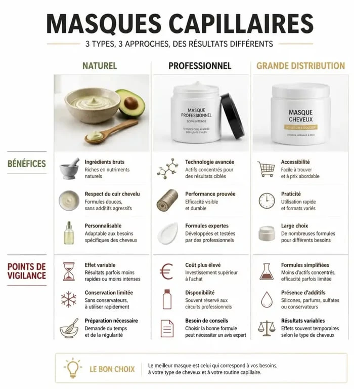 Comparatif des types de masques capillaires pour choisir le meilleur soin selon vos besoins, incluant le masque Daniakof.