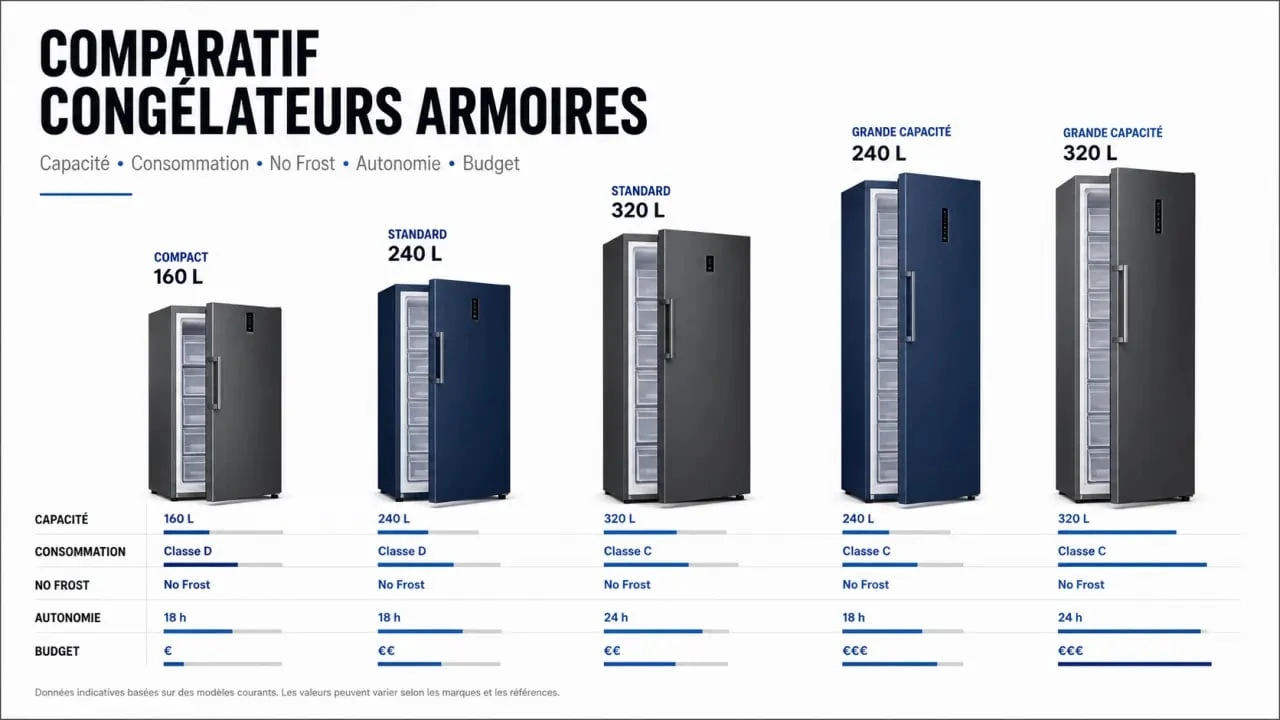Comparatif congélateur armoire avec capacités, consommation et technologies