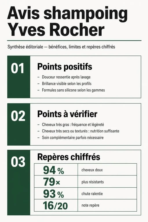 Avis shampoing Yves Rocher : synthèse visuelle des points forts, limites et résultats chiffrés