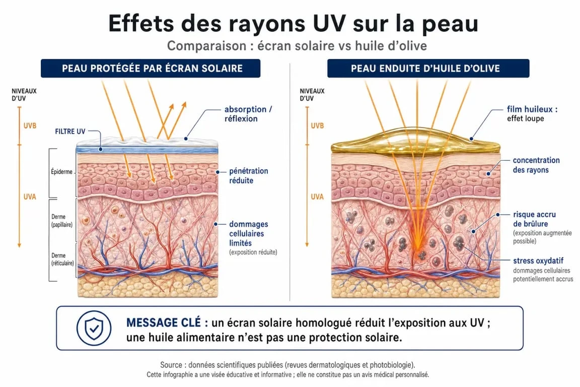 Infographie expliquant les dangers de l'huile d'olive pour bronzer rapidement et l'importance de la protection solaire.