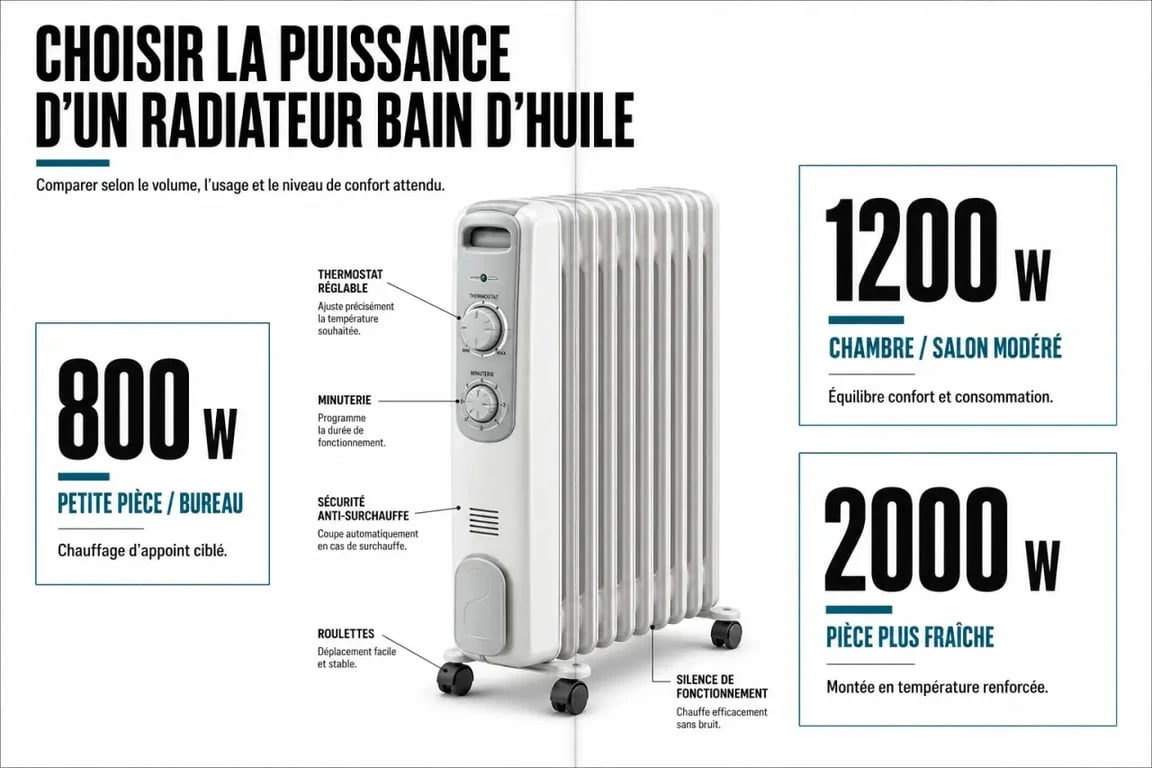 Meilleur radiateur bain d’huile : infographie comparative des puissances 800, 1200 et 2000 watts et des critères de choix