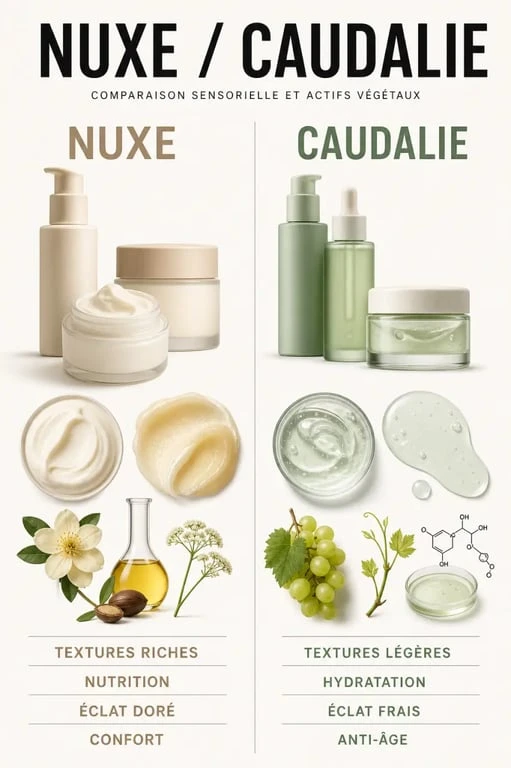 Que choisir Nuxe ou Caudalie : visuel comparatif des textures, actifs et usages