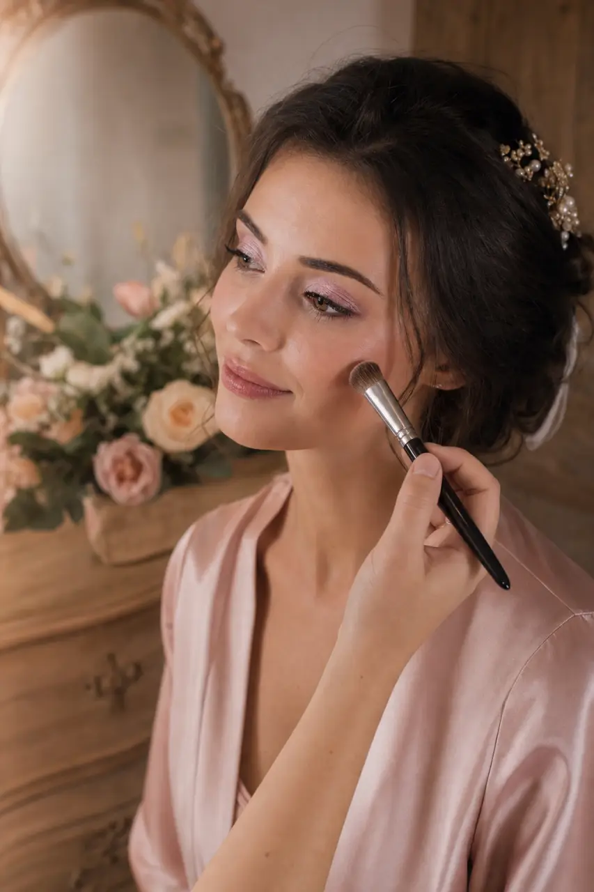 Maquillage mariage rose poudré, teint lumineux et blush fondu