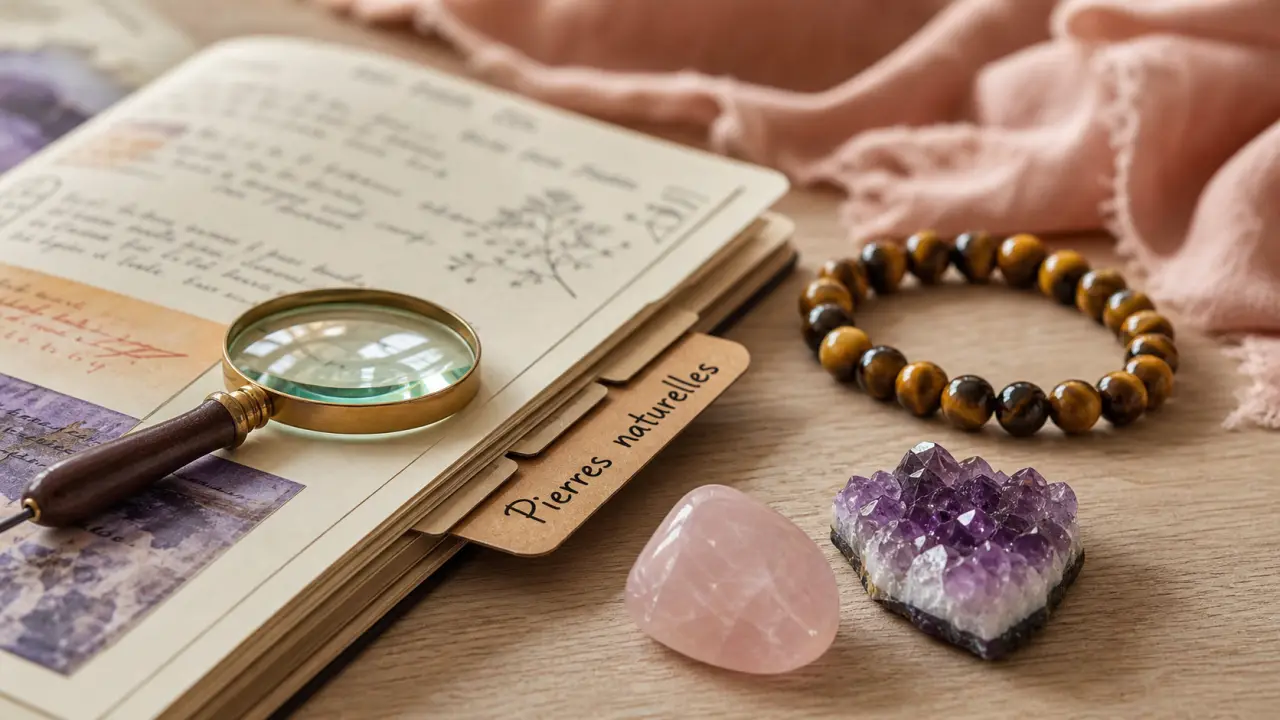 Pierres naturelles : quartz rose et améthyste brute sur une table