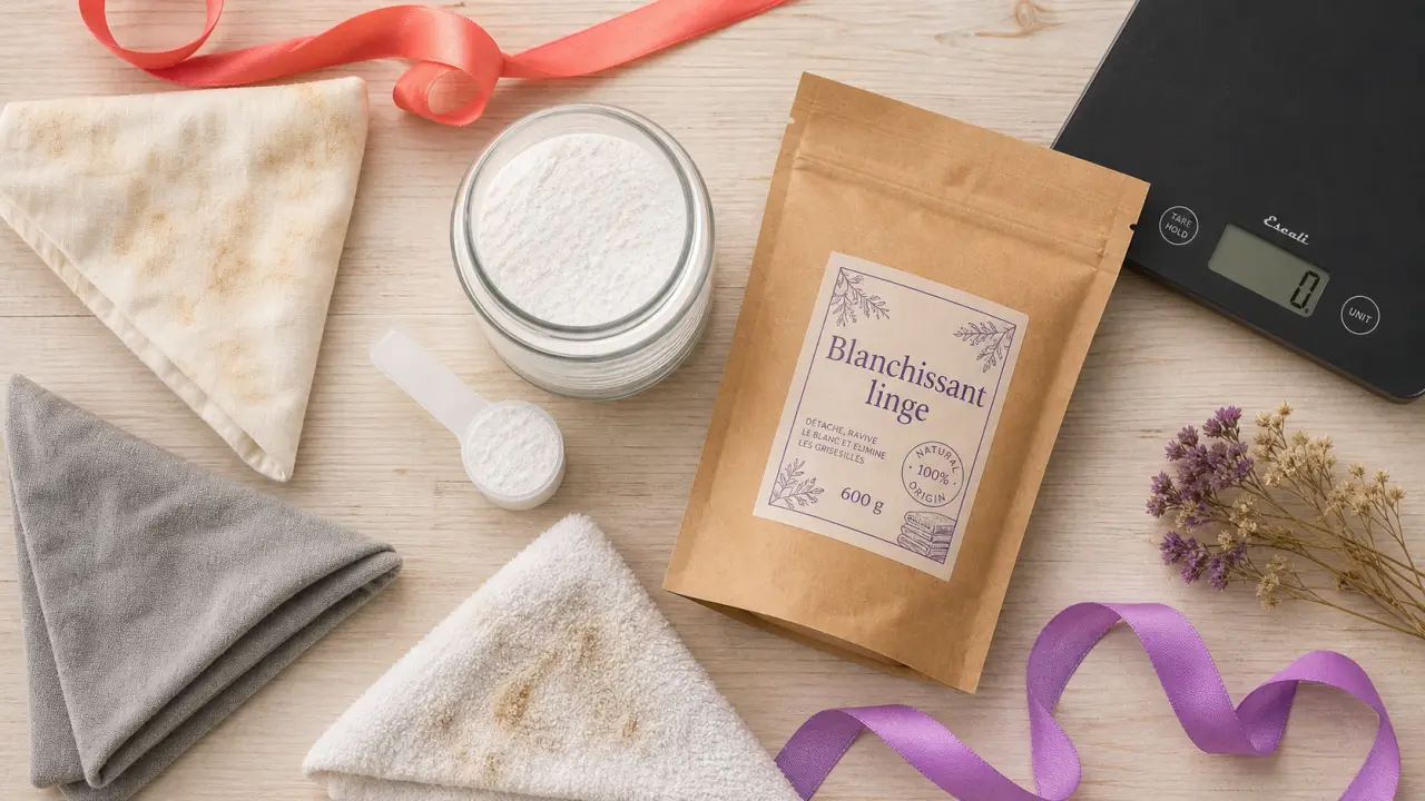 Produit blanchissant pour linge : coton blanc jauni, linge gris et serviette tachée