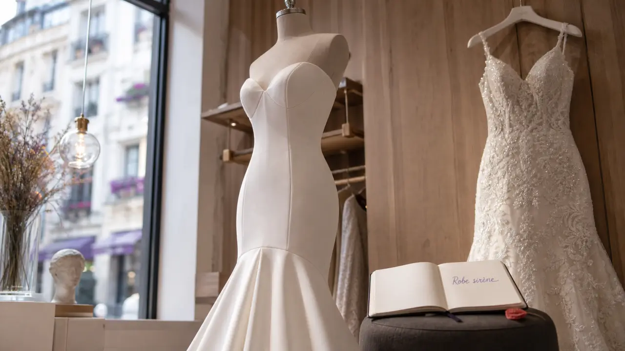 Robe mariee sirene en crêpe ivoire : décolleté et tombé net