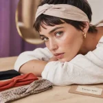 Bandeau cheveu court en tissu beige rosé, tenue toute la journée sans écraser la coupe