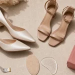 Chaussures de mariage : escarpins ivoire et sandales nude en essayage
