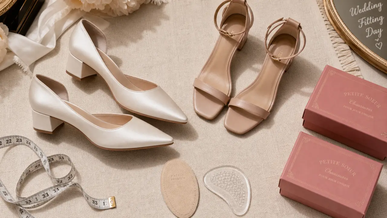 Chaussures de mariage : escarpins ivoire et sandales nude en essayage