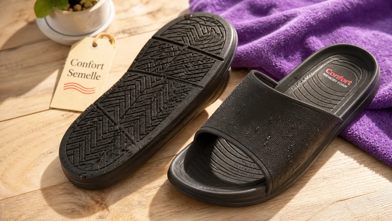 Claquettes confortables : semelle antidérapante et mousse à mémoire de forme sur la plage