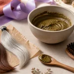 Couleur naturelle pour les cheveux blancs, pose sur table : mèche et henné/indigo