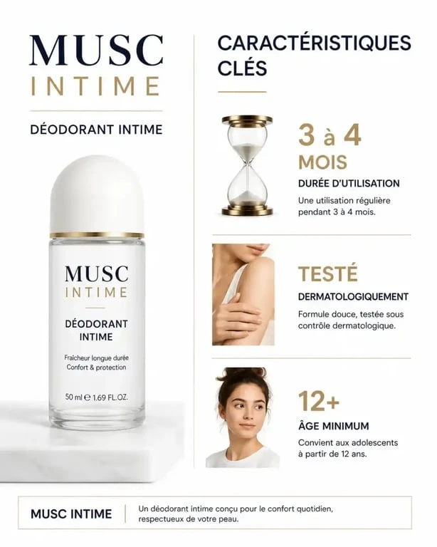 Résumé des caractéristiques et précautions d'emploi du déodorant Musc Intime.