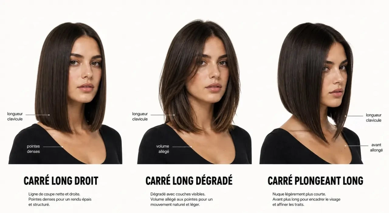 Carré long cheveux épais : comparaison des variantes droit, dégradé et plongeant