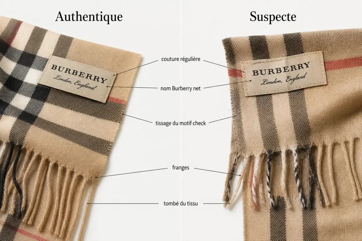 Étiquette echarpe Burberry : comparaison visuelle entre une étiquette authentique et une suspecte