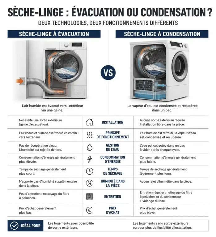 Infographie comparative des différences entre sèche-linge à condensation ou évacuation pour bien choisir son appareil