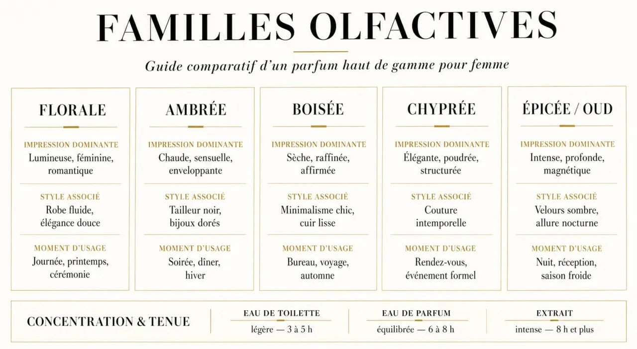 Comparatif parfum haut de gamme pour femme par famille olfactive, concentration et usage