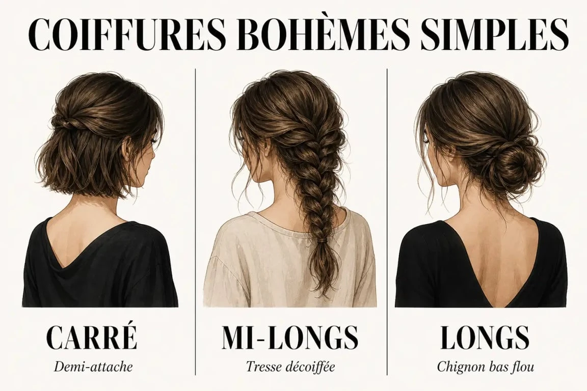 Trois idées de coiffure bohème simple selon la longueur des cheveux