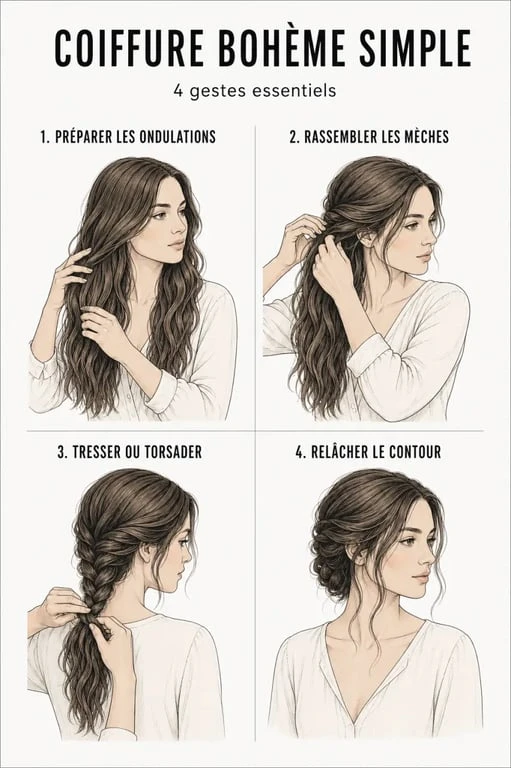 Coiffure bohème simple en étapes, du volume naturel au chignon flou
