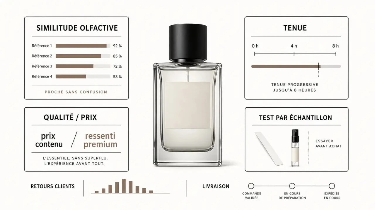 Divain parfum avis : synthèse visuelle des retours clients sur la similitude, la tenue et le rapport qualité/prix