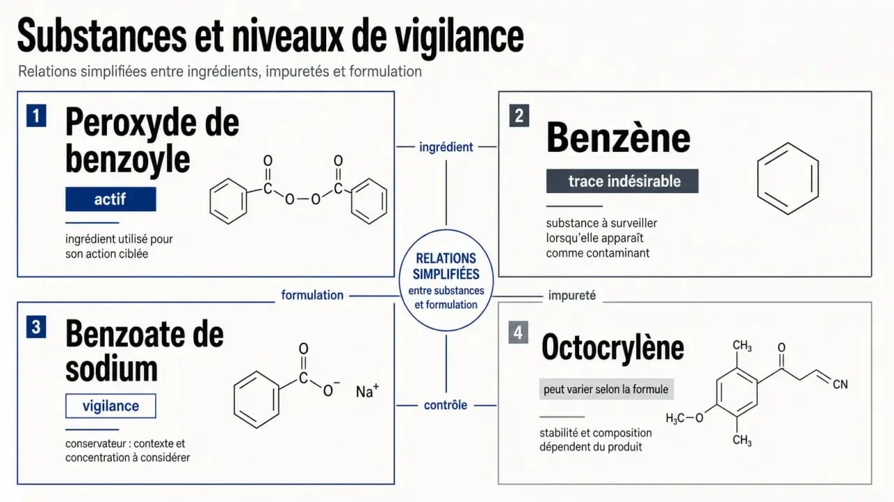 La Roche-Posay danger : schéma des substances citées comme le benzène et le peroxyde de benzoyle